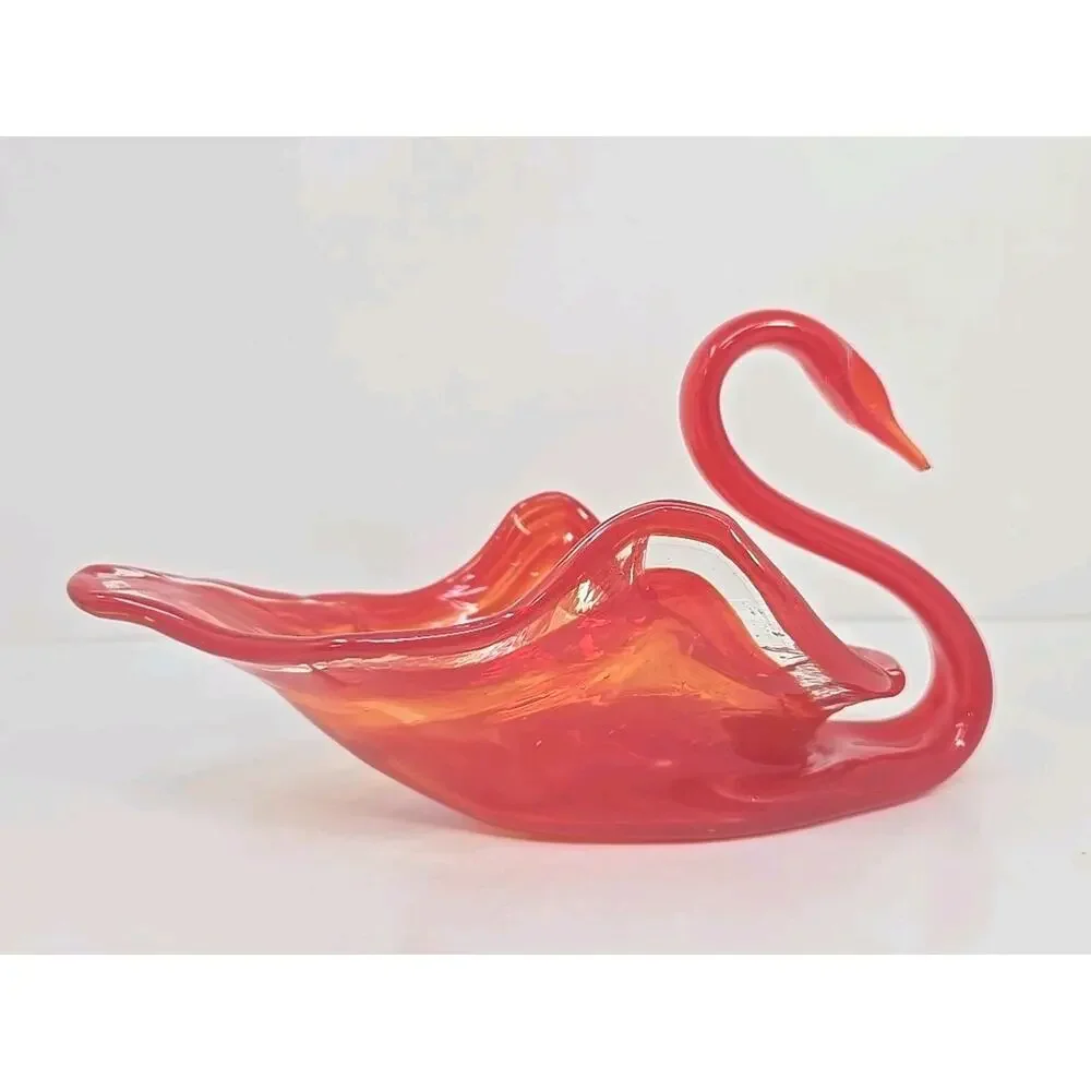 Vintage Large Glass Swan Candy Dish Orange Swirl Hand‎ Blown MSC1